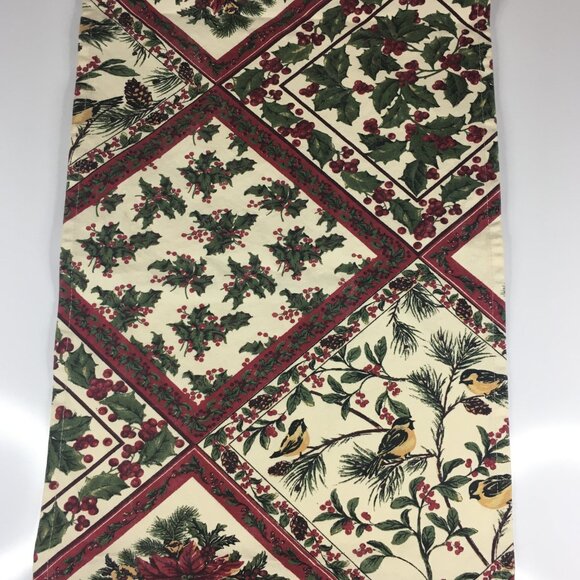 April Cornell 13 x 67 Christmas Table Runner Holly Berries Chickadee 100% Cotton - Picture 5 of 16
